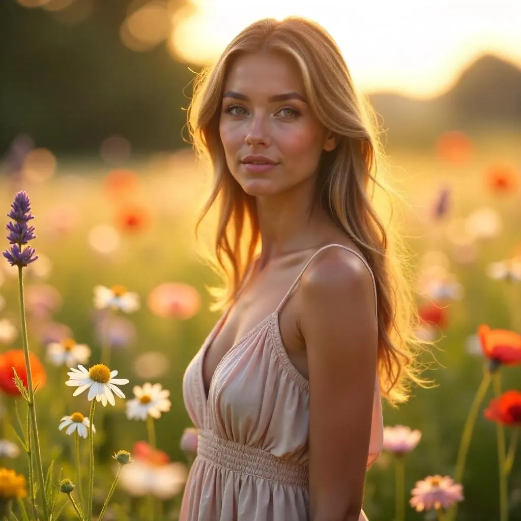 Caucasian Woman in a Golden Field of Flowers