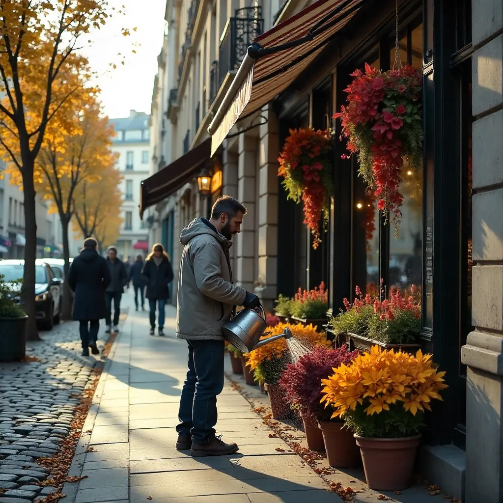 Autumn in Paris: Gardener Watering Plants by a Shopfront