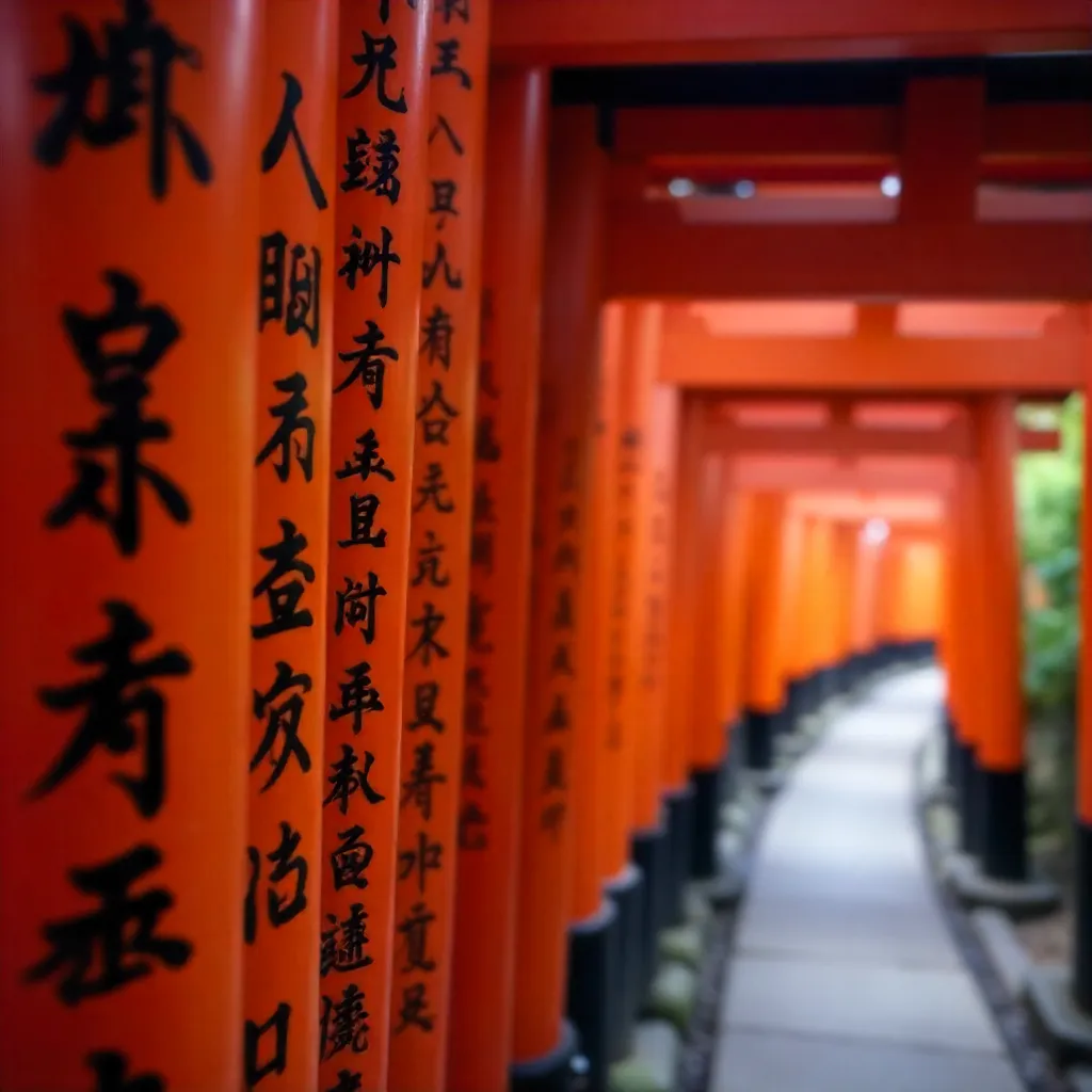 Close-up of Kyoto Torii Gates with Calligraphy
