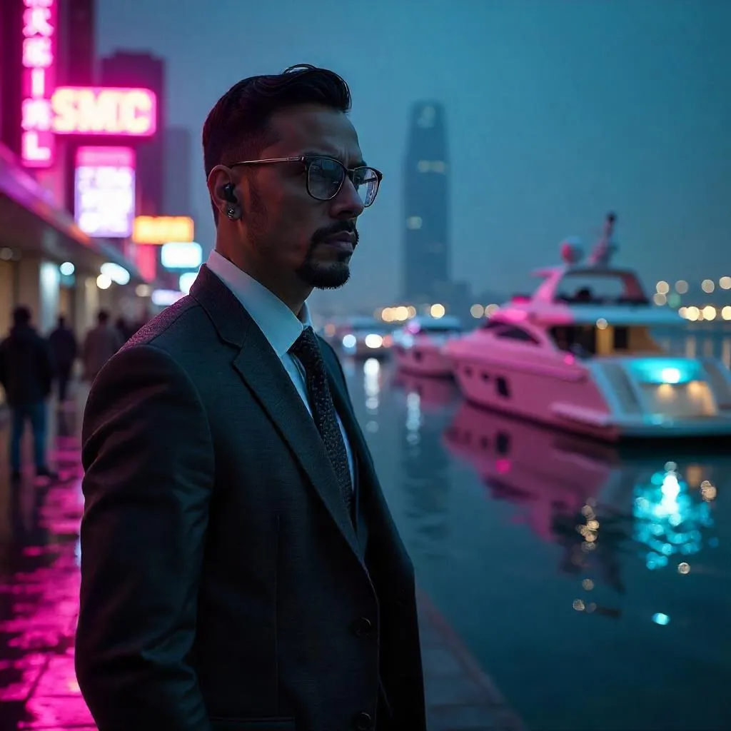 Neon Marina: A Professional Latino in Cyberpunk Night