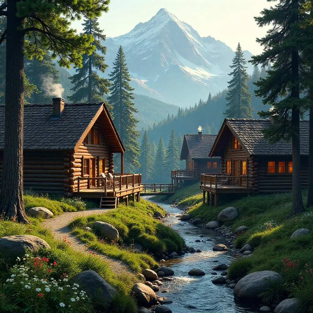 Idyllic Mountain Cabins in a Serene Pine Forest