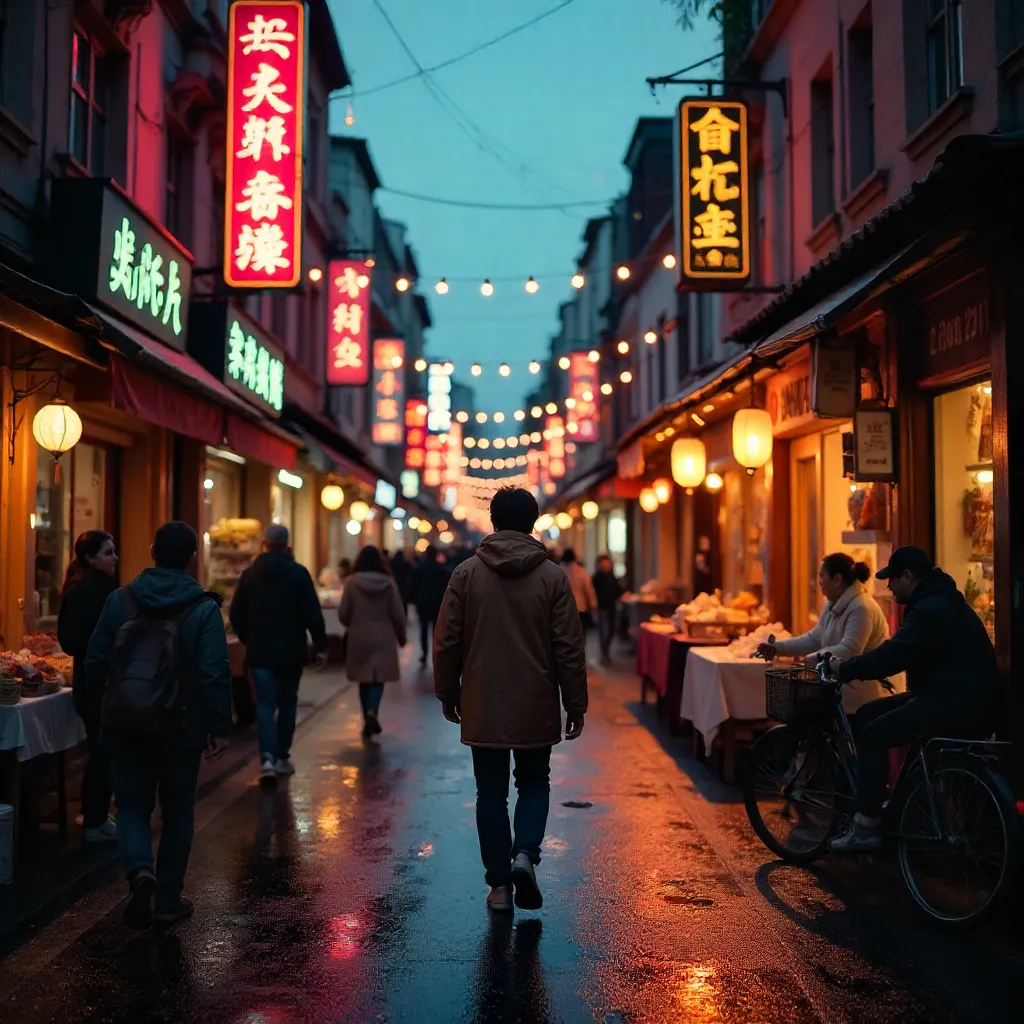 Warm Neon Street Stroll Through a Lively City