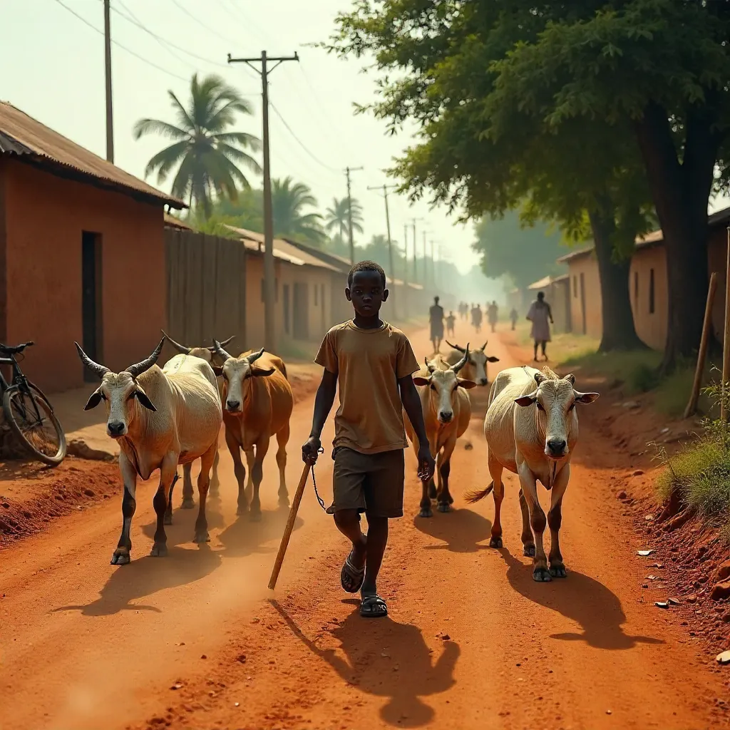 Young Nigerian Boy Herding Goats and Cattle on Village Road