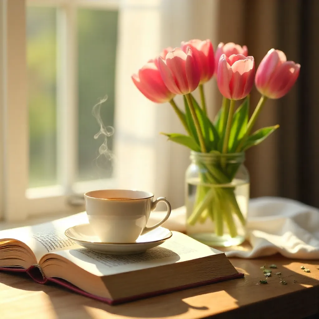 Sunlit Tea Time with Pink Tulips and Open Book