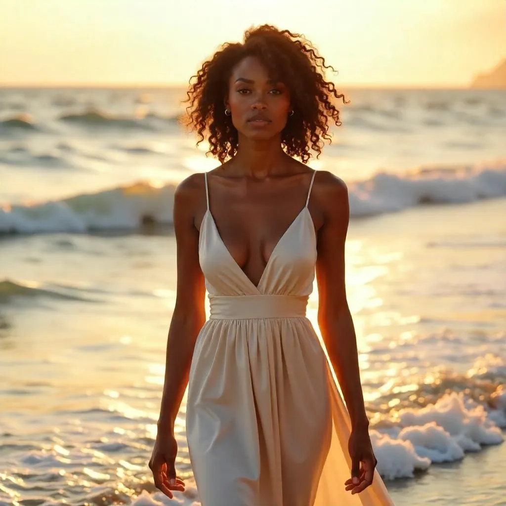 Elegant Black Woman by the Ocean, Photoreal Portrait