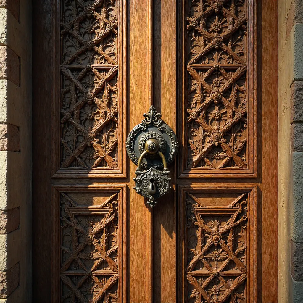 Hand-Carved Wooden Door: Geometric Tessellations & Iron Lock