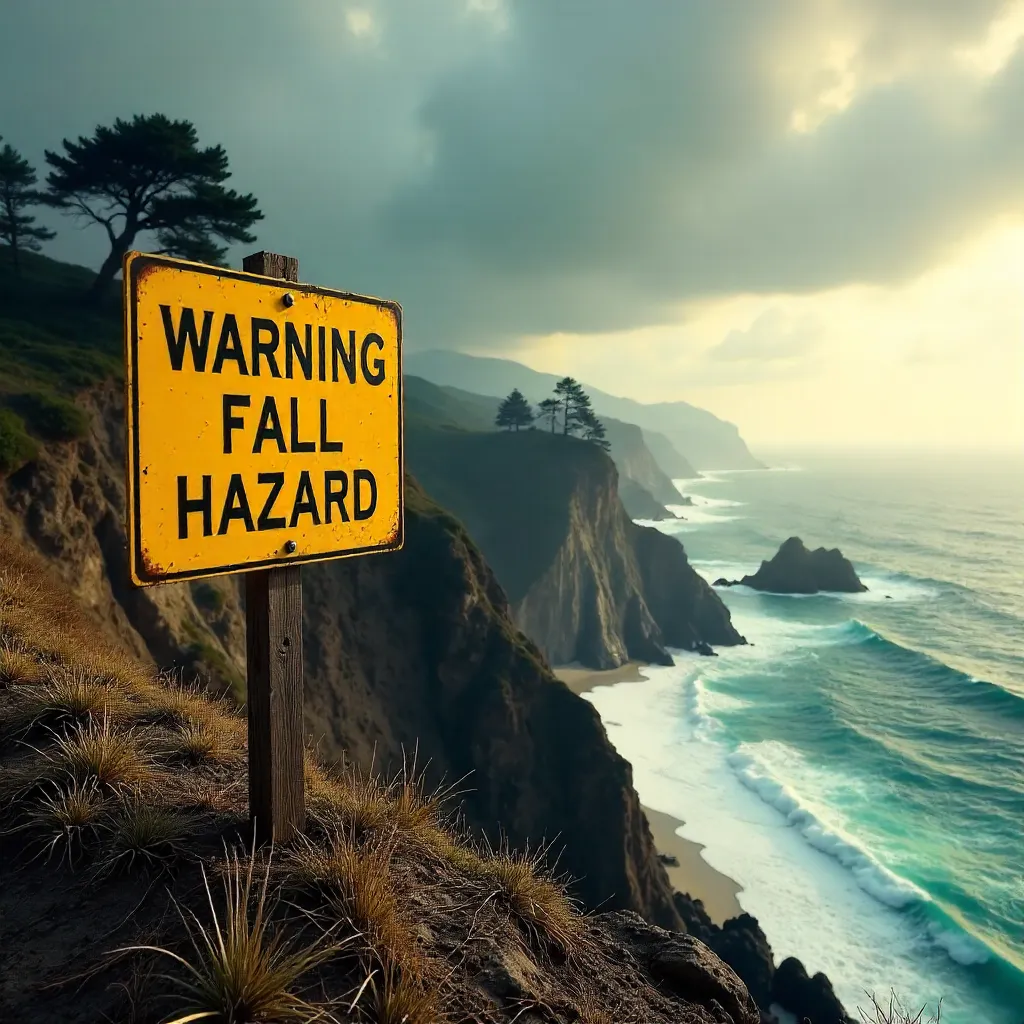 Yellow Warning Sign on Big Sur Sea Cliffs