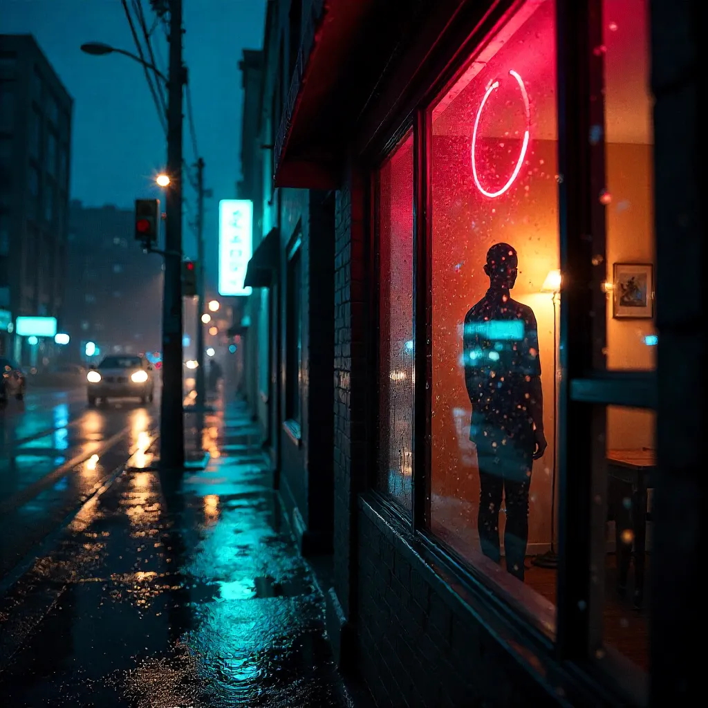 Neon Night Silhouette in Rainy City Window