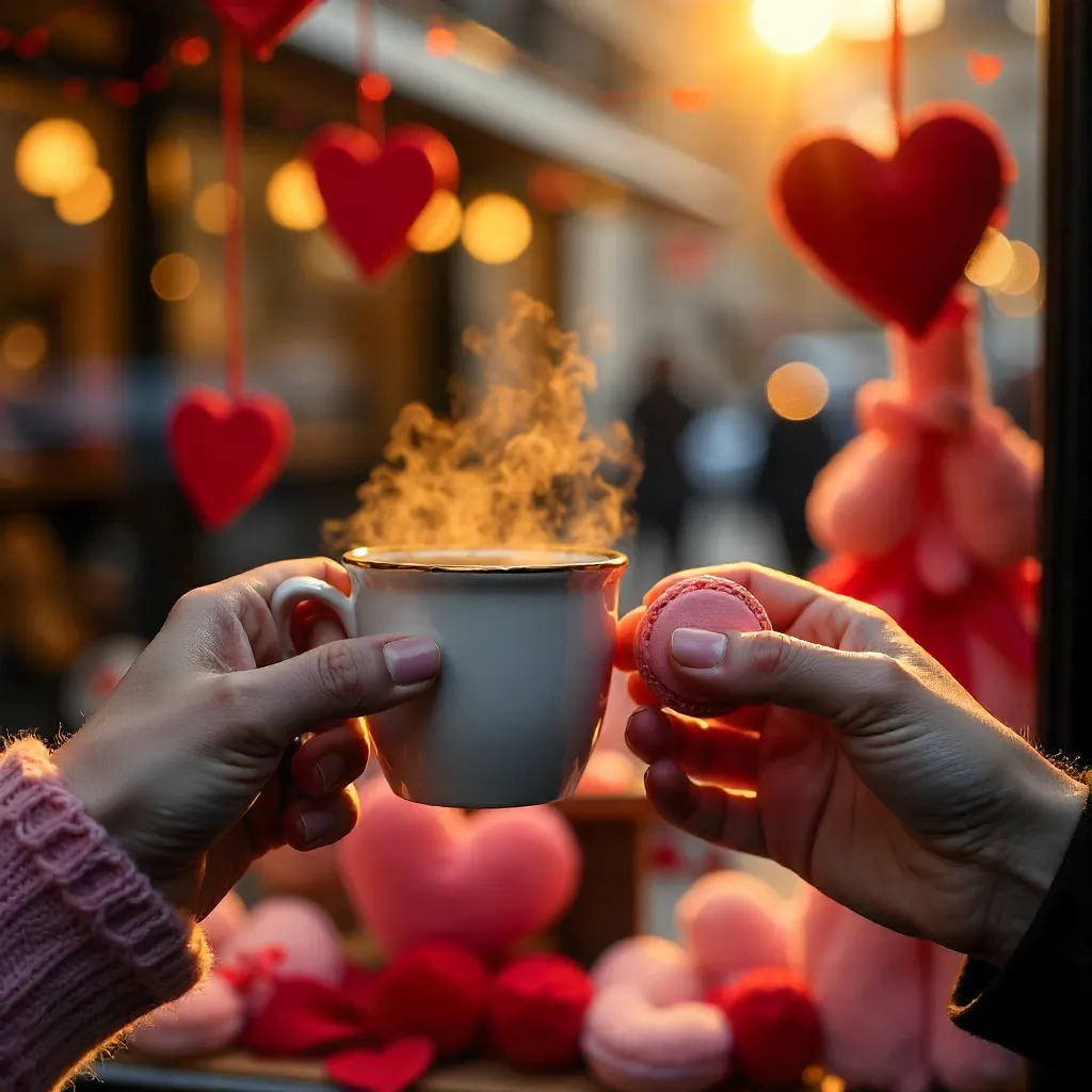 Hands with Coffee and Macaron in Valentine Window