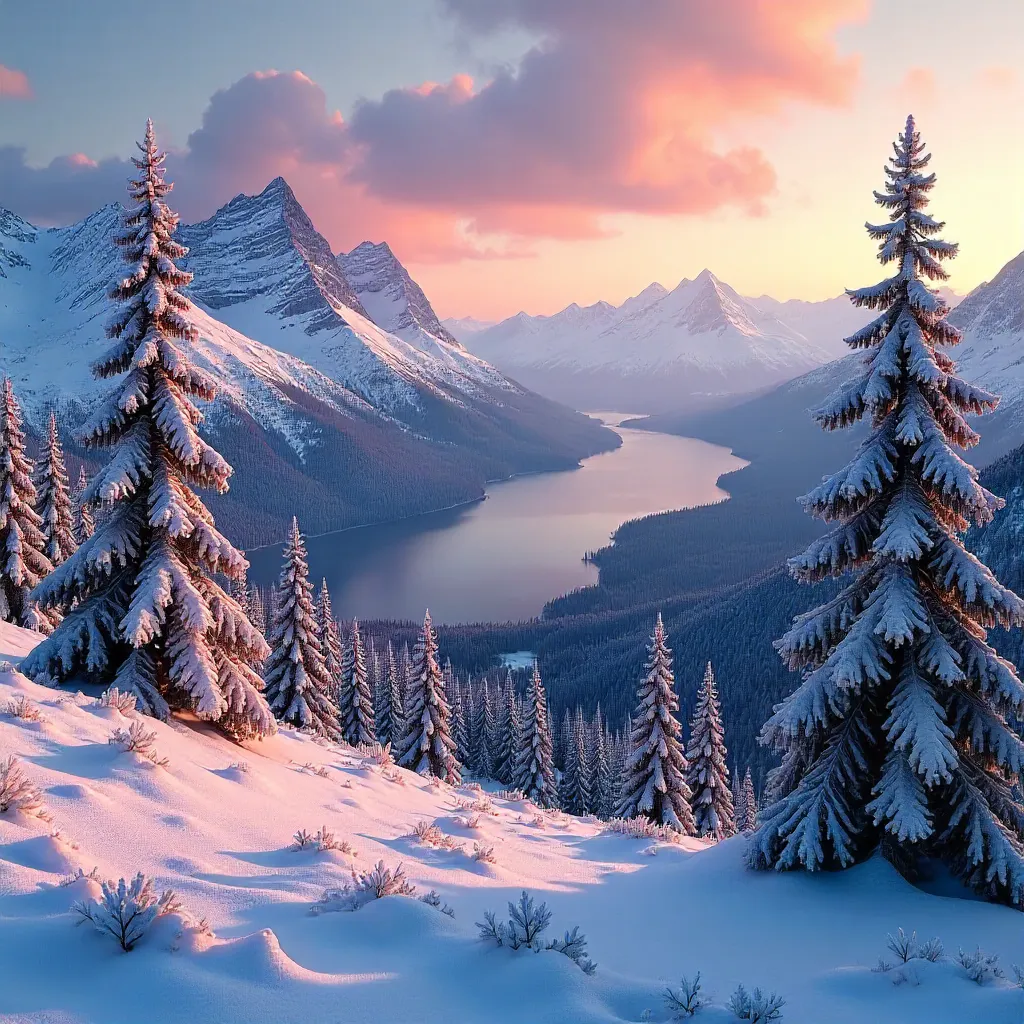 Sunrise over the High Tatras with frosted pines