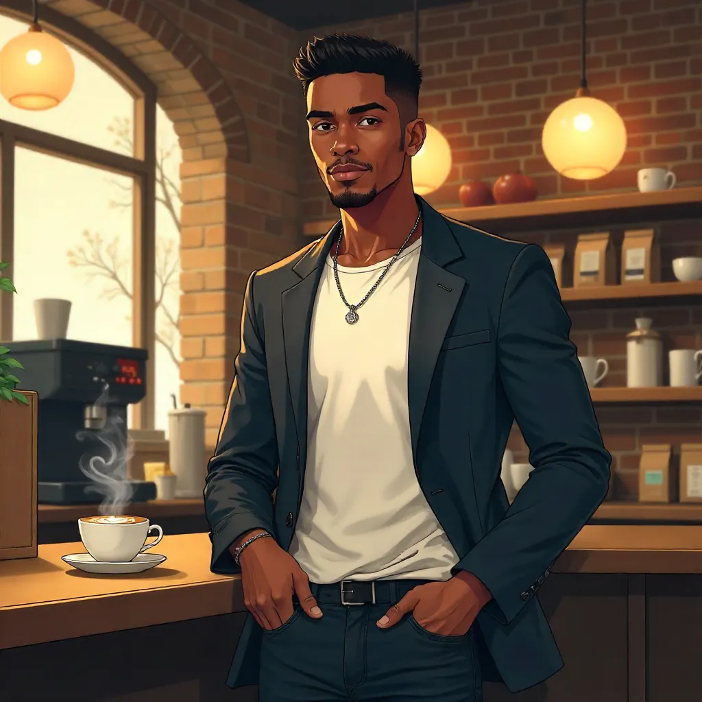 Confident Black Man in an Anime Coffee Shop