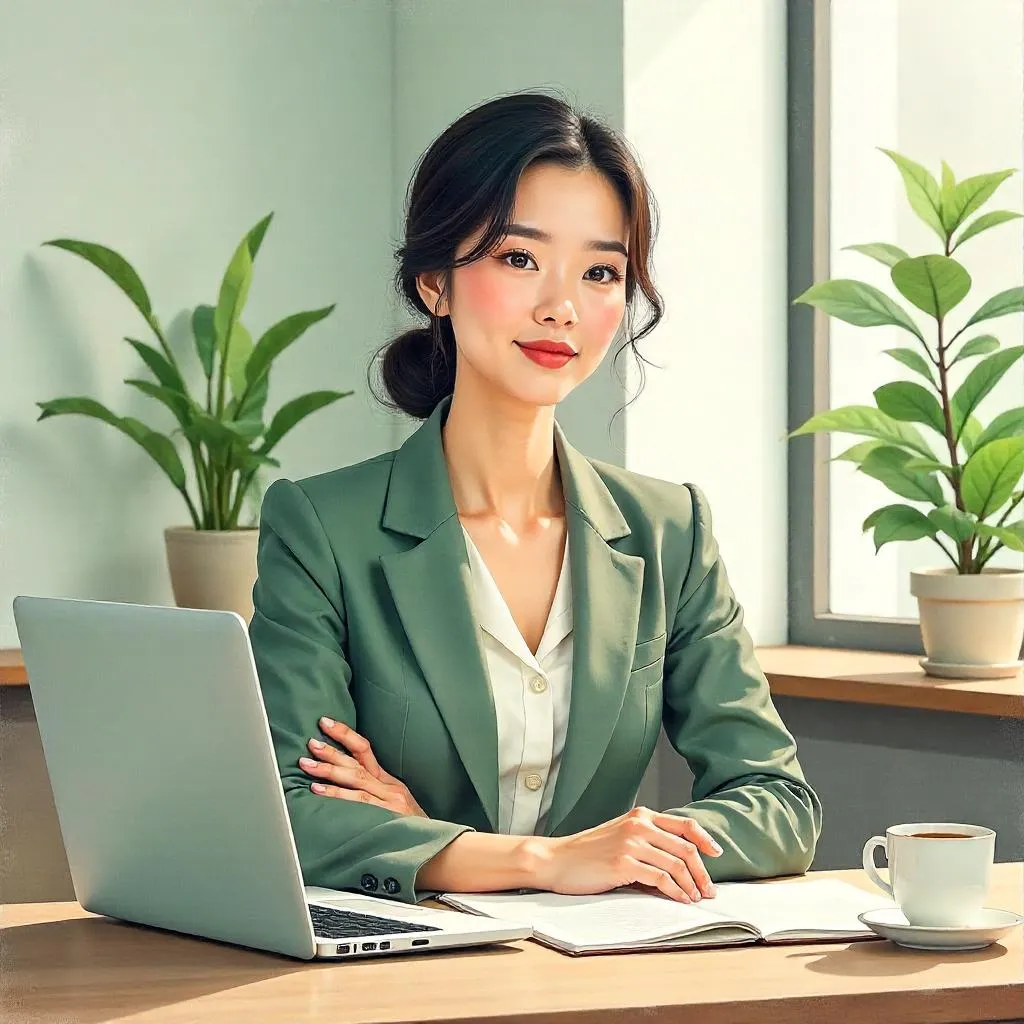 Elegant Asian Woman in an Office — Watercolor Portrait