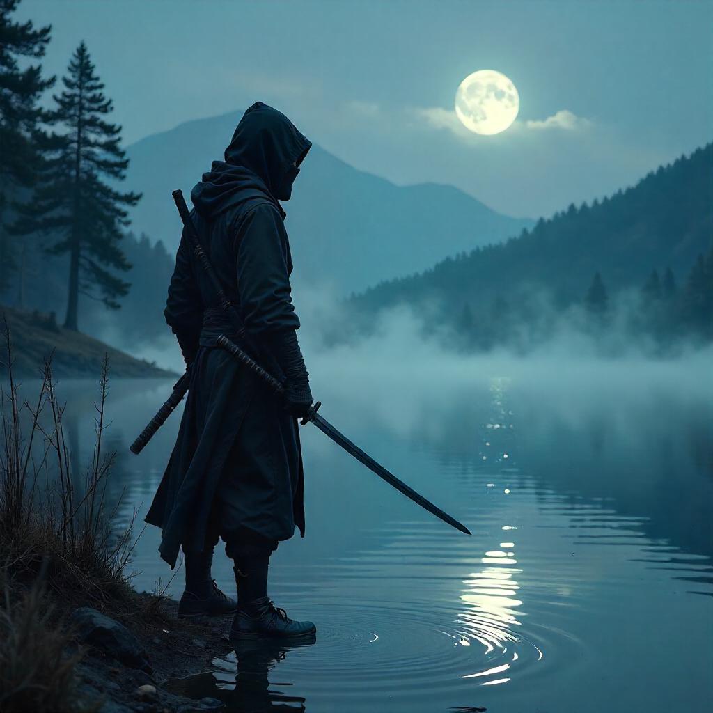 Moonlit Ninja by the Quiet Lake
