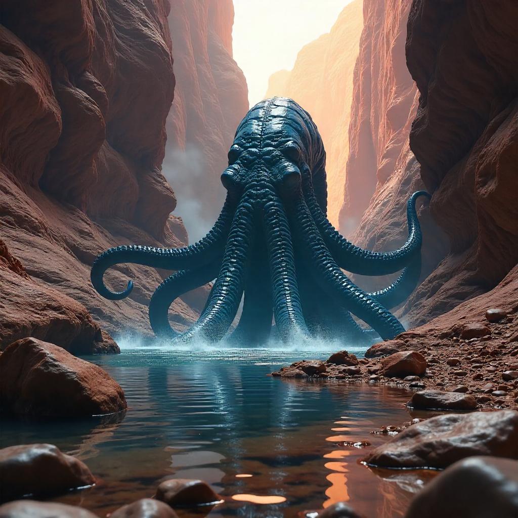 Photoreal Kraken in a Sunlit Canyon
