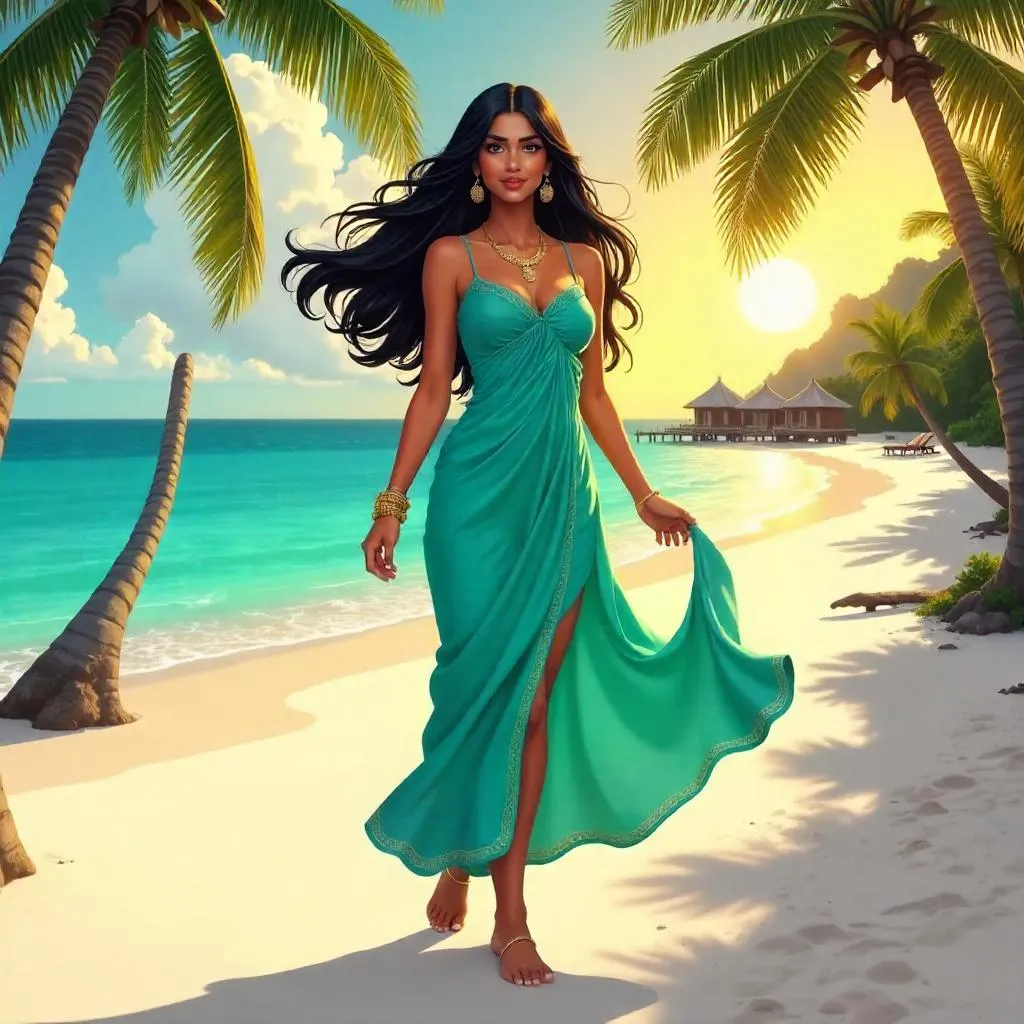 Anime-Style Indian Beauty at a Tropical Beach Resort