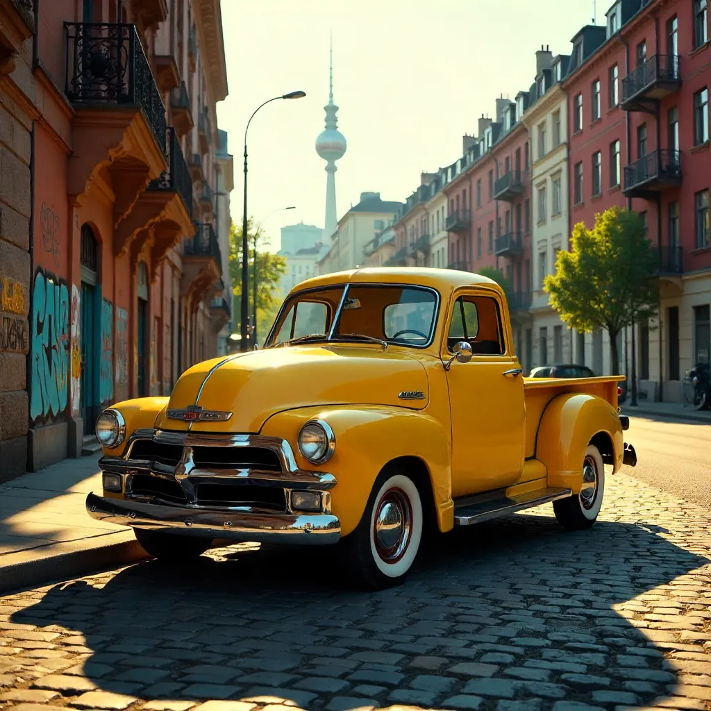 Golden Hour Classic Yellow Pickup in Berlin, Germany