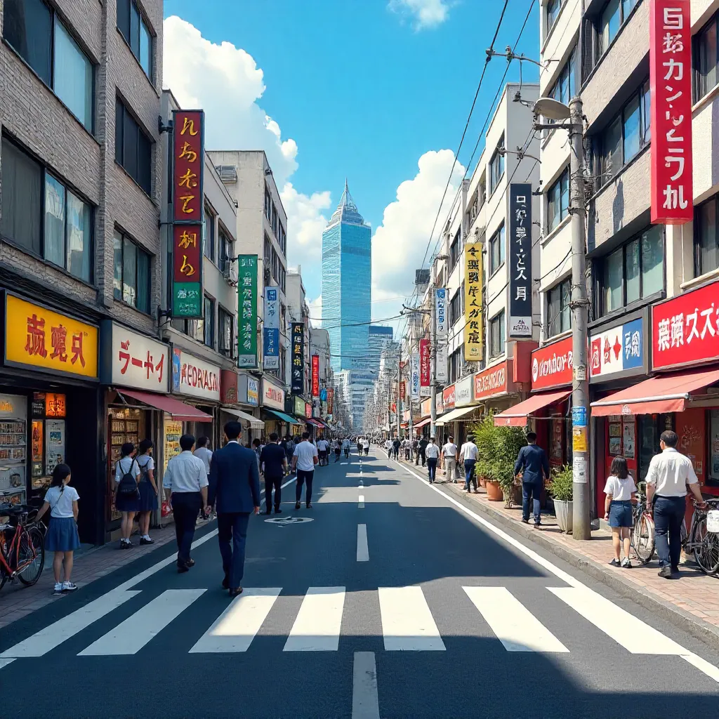 Busy Tokyo Street: Bicycles and Pedestrians under Clear Skies