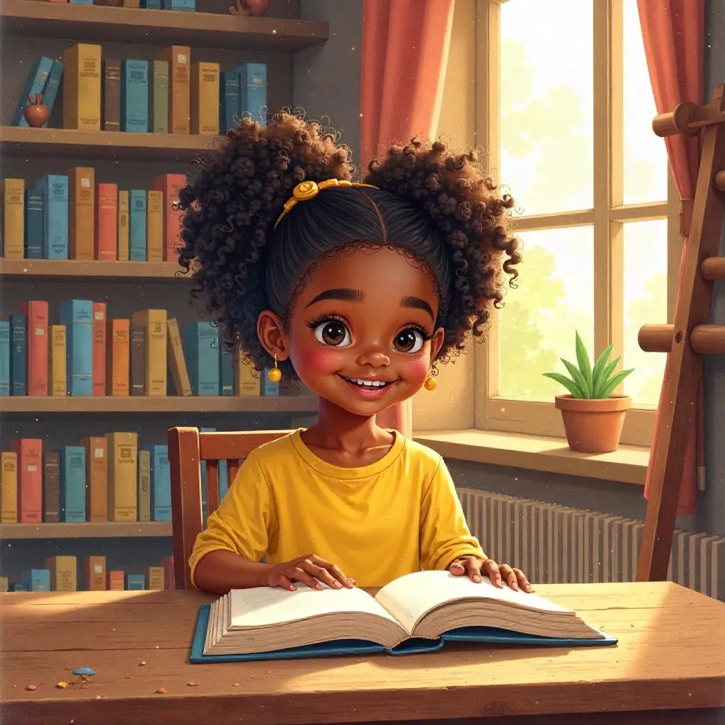 Cheerful Black Girl in a Watercolor Library