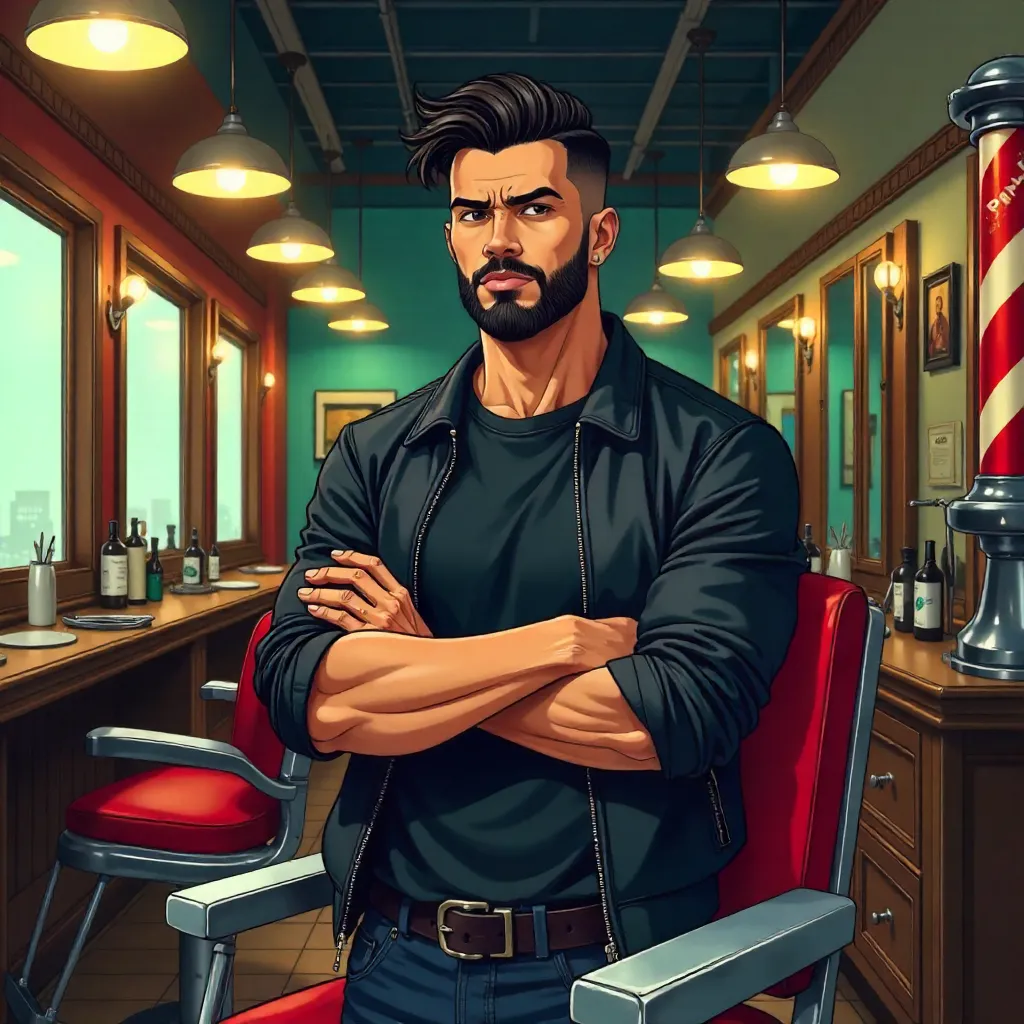 Confident Latino Man in an Anime Barber Shop