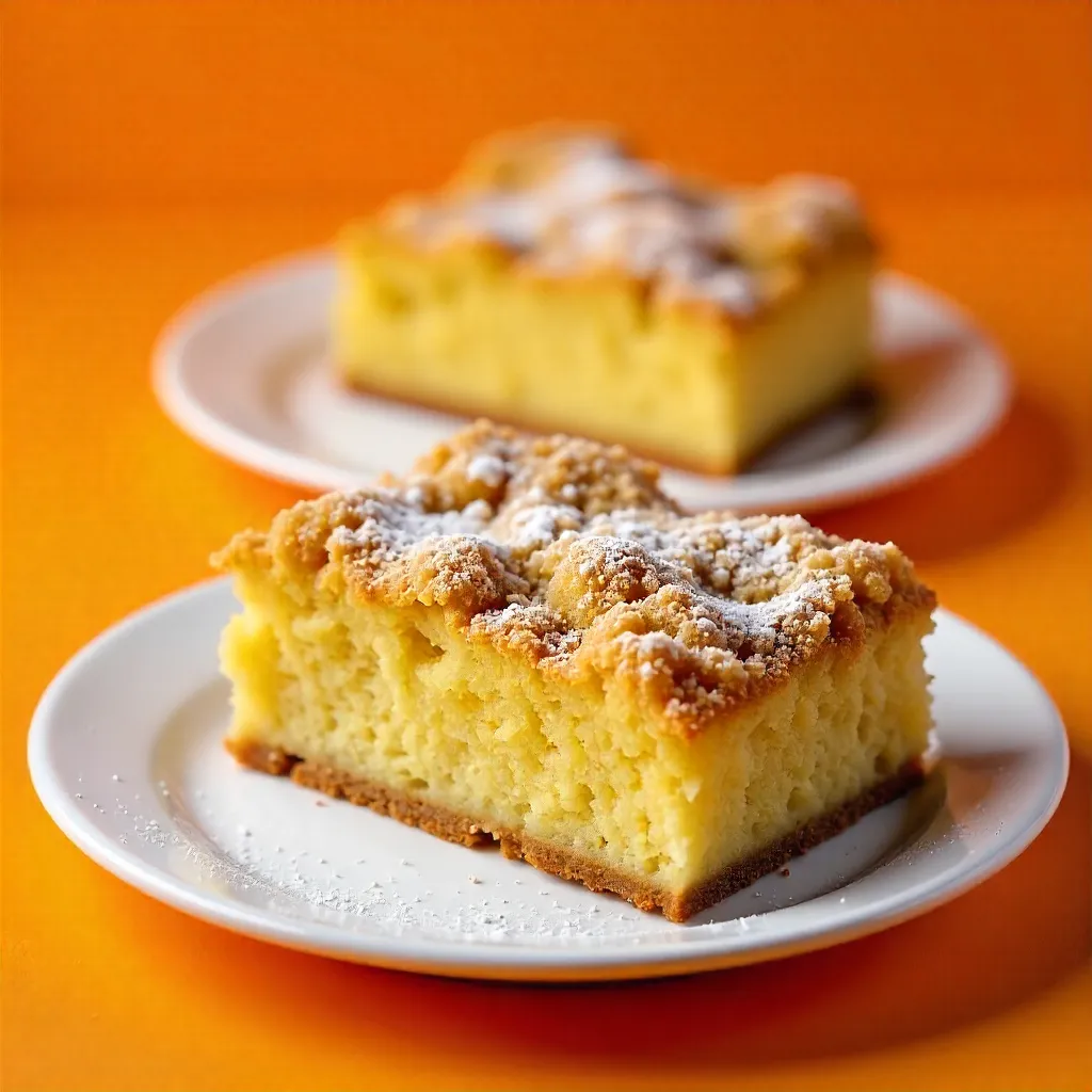 Two Crumb Cakes on White Plates — Orange Backdrop