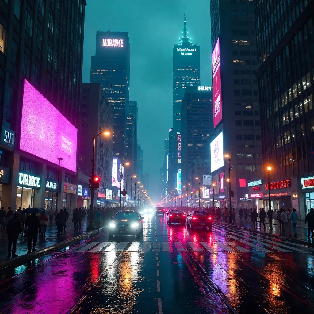 Neon Rain Downtown at Dusk