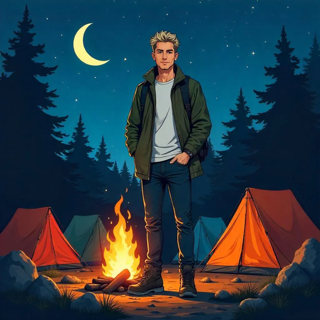 Anime-Style Stylish White Man at a Camping Site