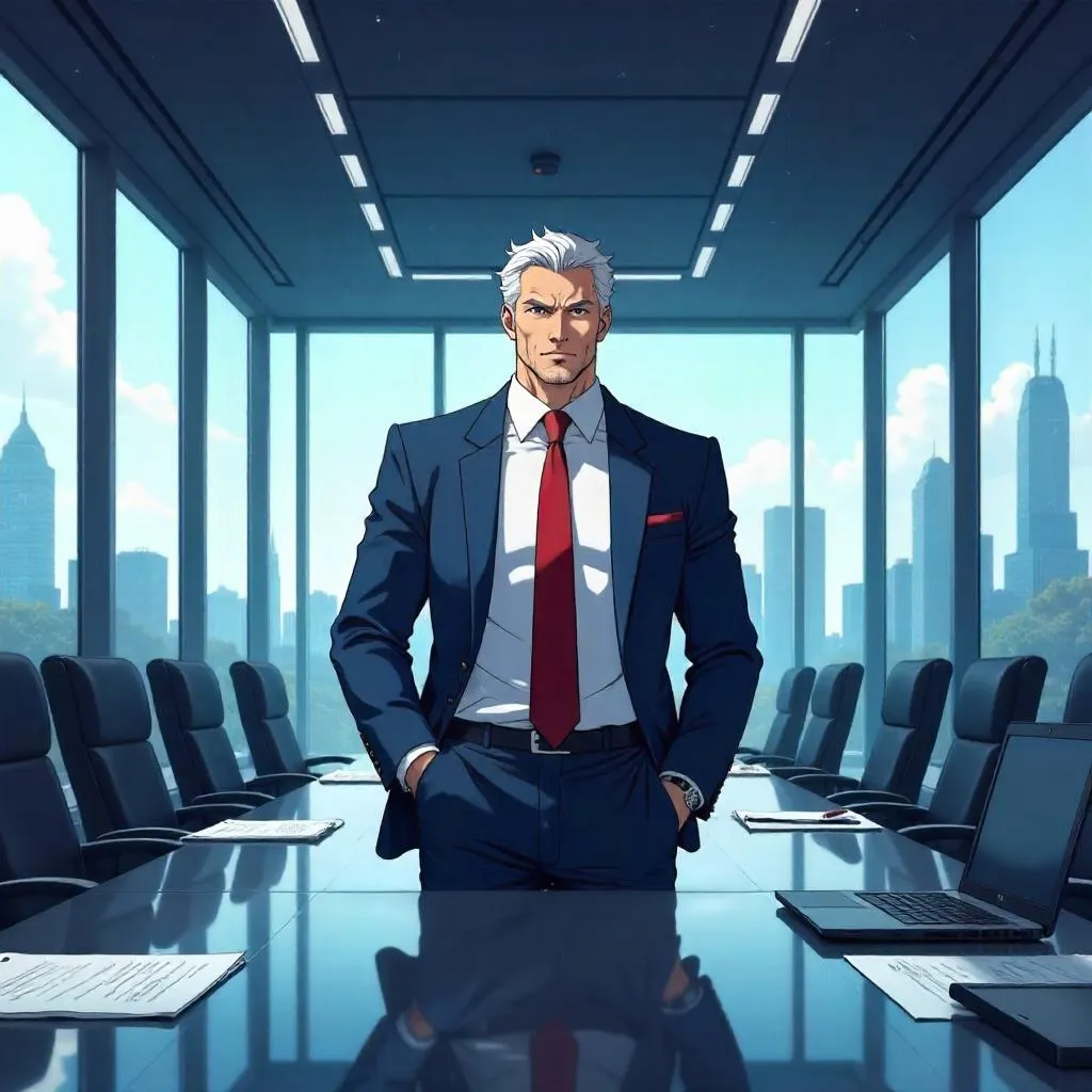 Confident White Executive in Anime Boardroom