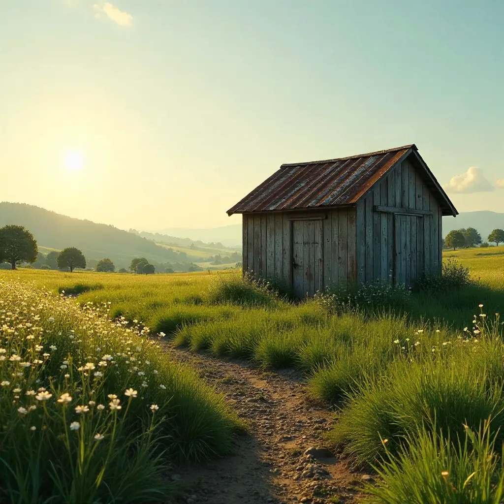 Tranquil Rural Scene: Old Shed in a Lush Green Field