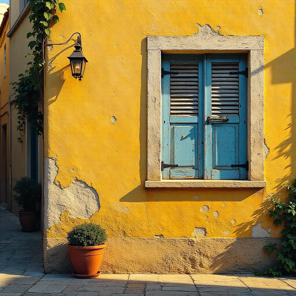 Rustic Yellow Wall in Corfu: Peeling Paint and Closed Shutters
