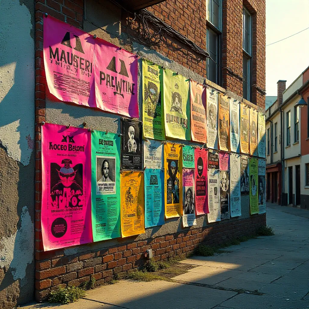 Colorful Posters on a Weathered Brick Wall