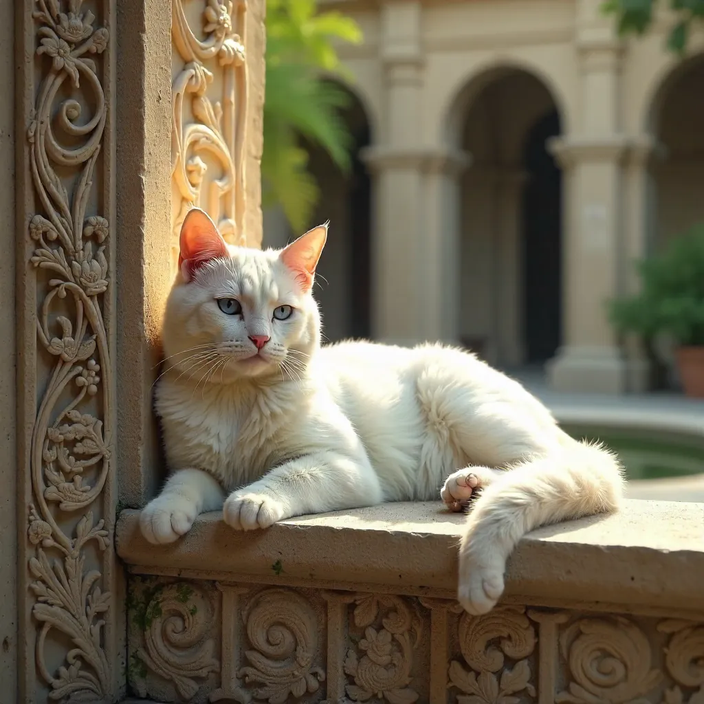 Elegant White Cat on an Intricately Carved Stone Wall