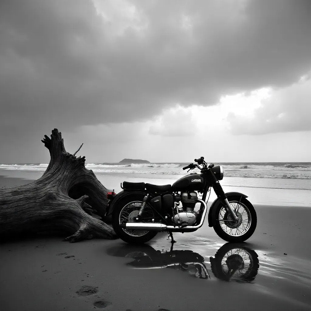 Monochrome Beach Motorcycle Leaning by Driftwood under Clouds