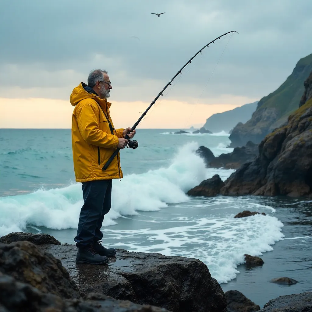 Solitary Angler by the Rocky Coast