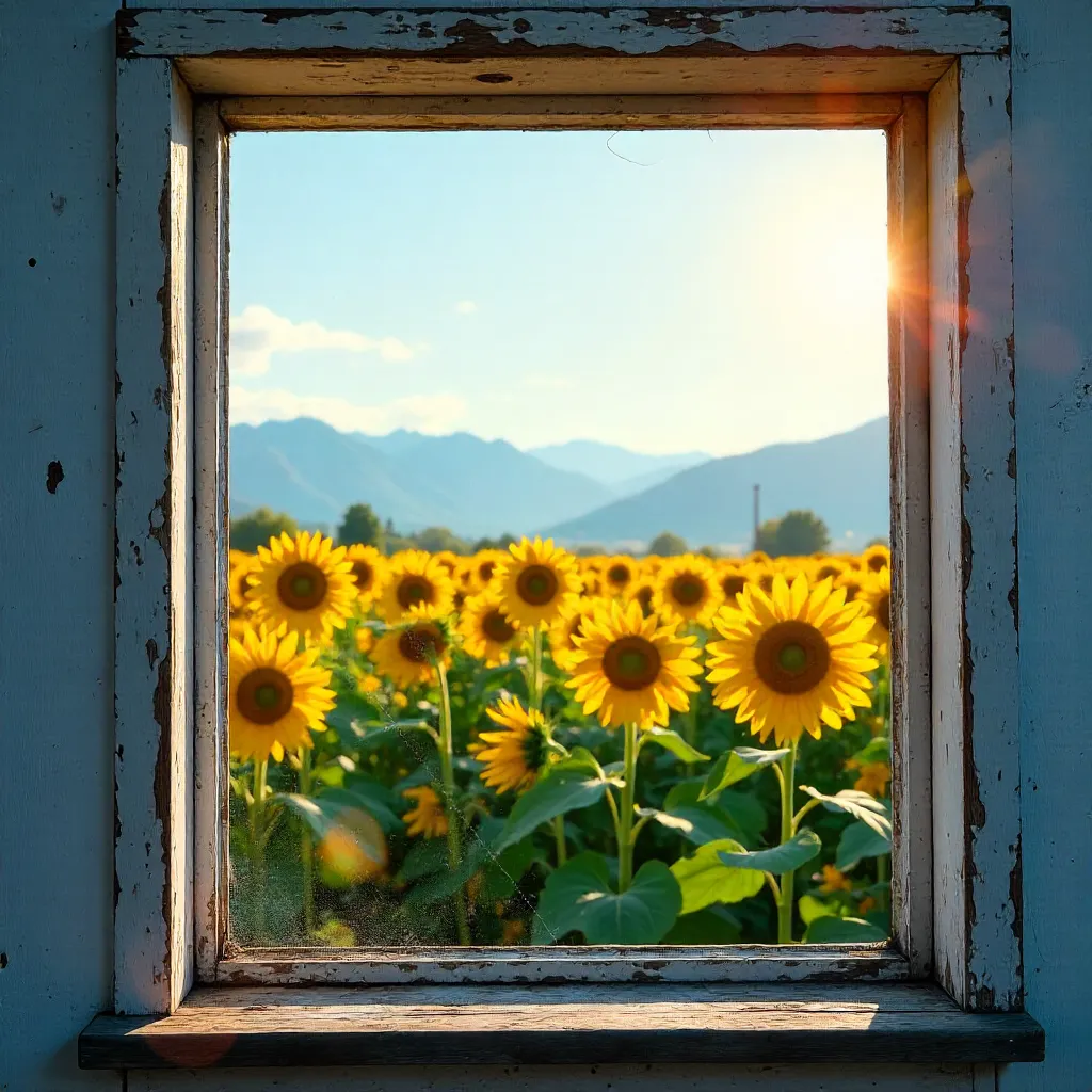 Sunflower Field Through an Old Window Frame
