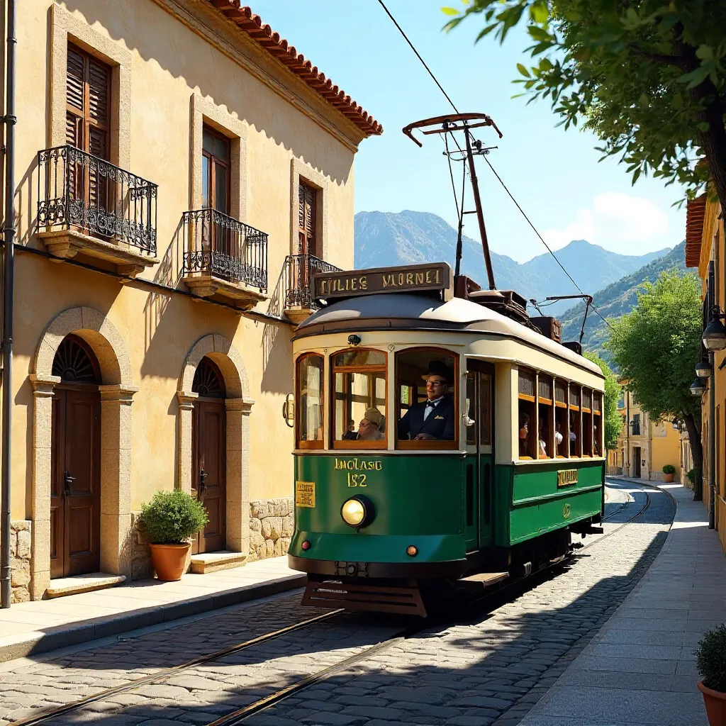 Historic Sóller Tram Before Stone Building