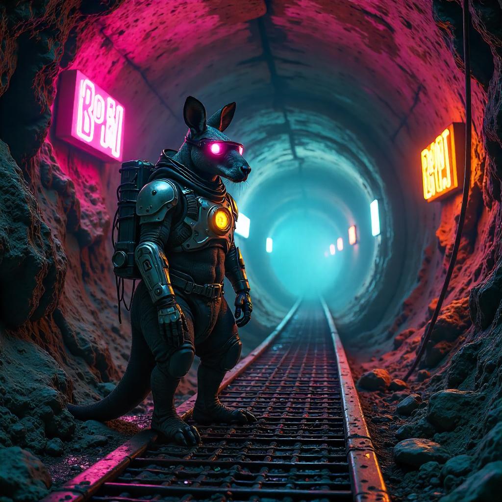 Neon Kangaroo in a Cyberpunk Mine