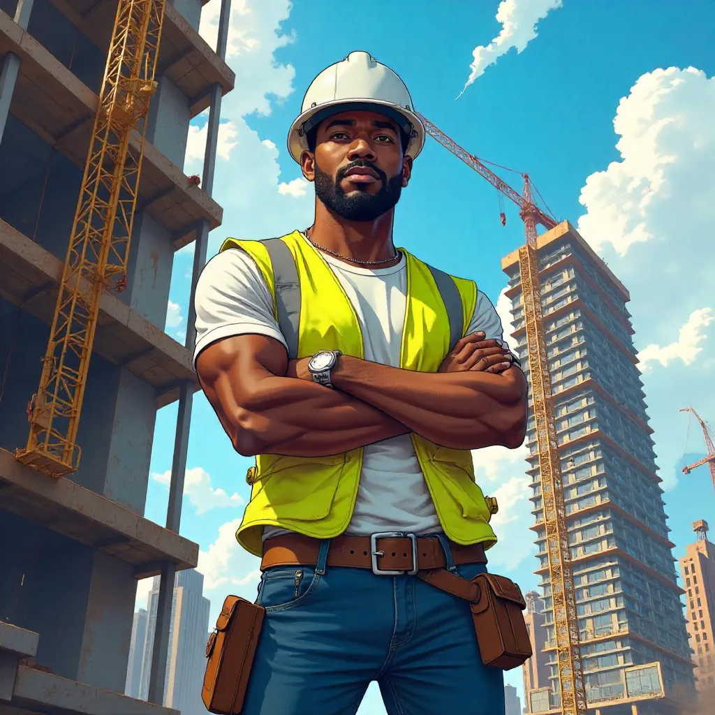 Confident Black Man in Anime Style at Construction Site