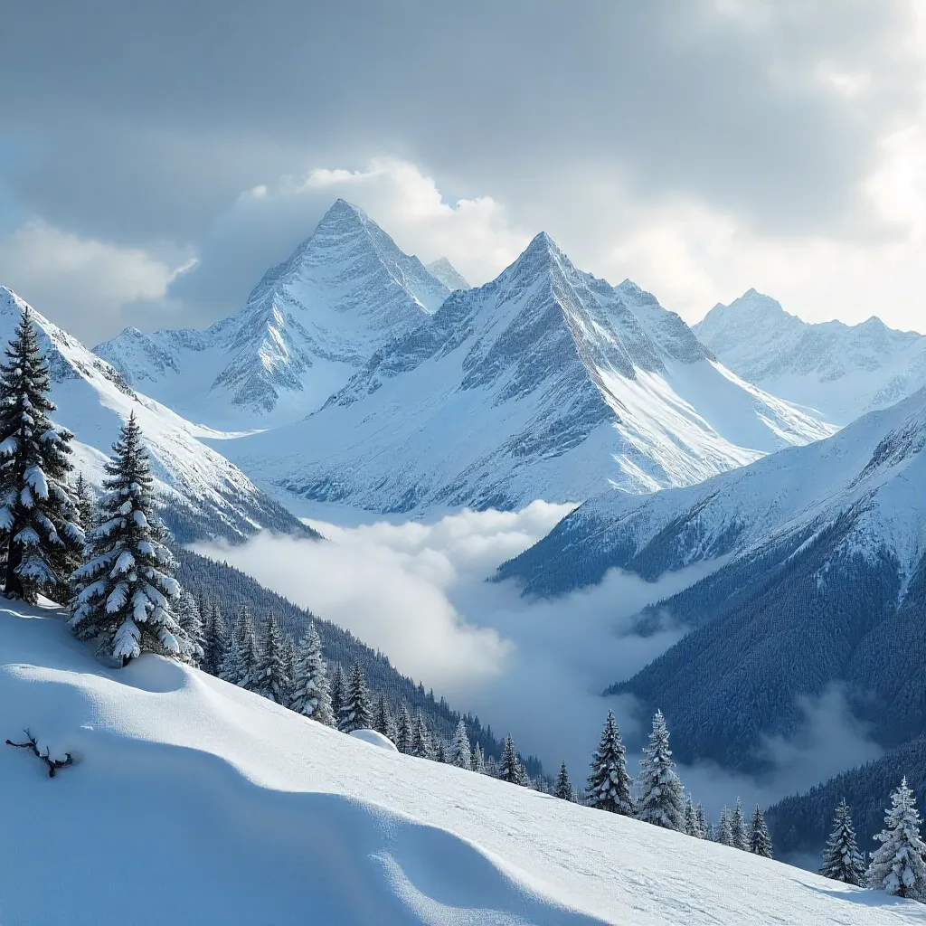 Snow-Capped Peaks Beneath a Moody Cloudscape
