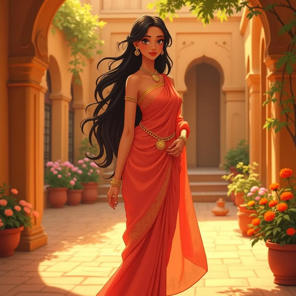 Sunlit Courtyard: Anime Indian Woman in Saree