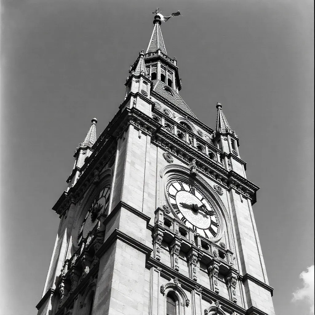 Monochrome Gothic Clock Tower with Flag
