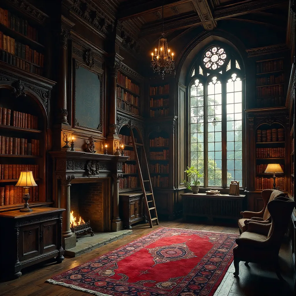 Neo-Gothic Scottish Library in Amber Light