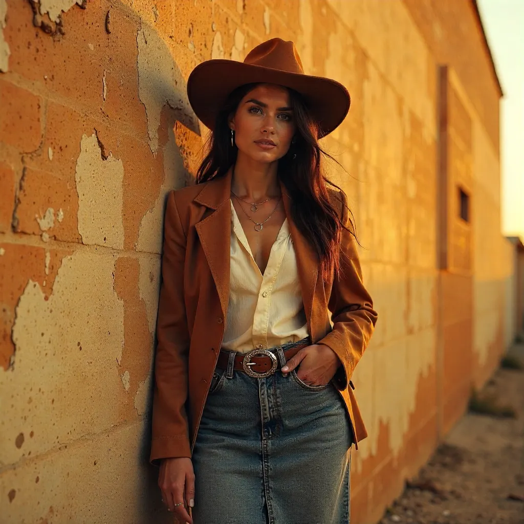 Golden Hour Western Chic Against Textured Wall