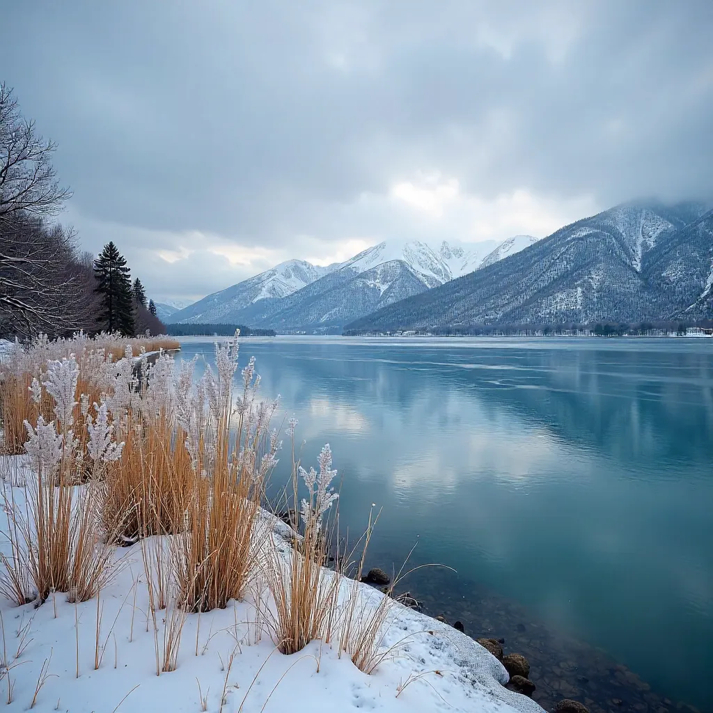 Winter Reverie over Ohrid: Snowy Peaks and Reeds