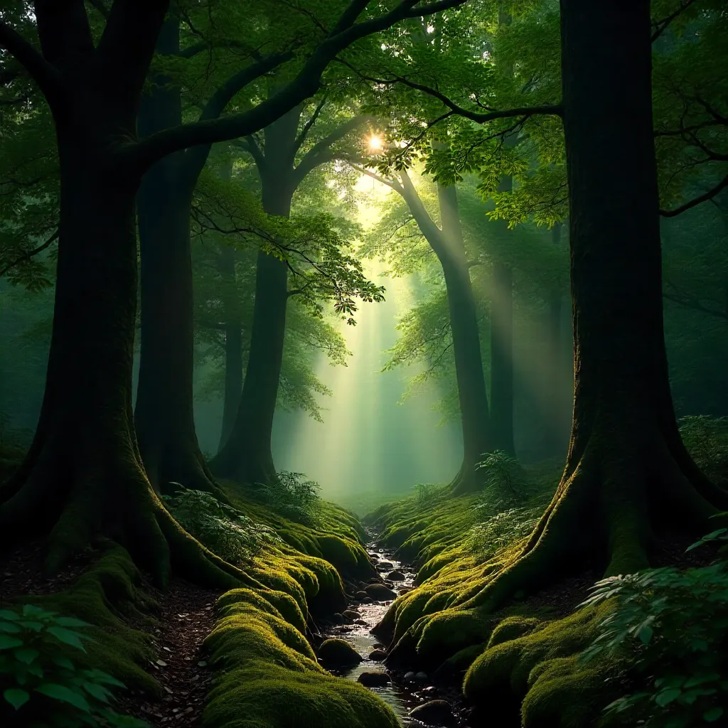 Tranquil English Forest: Tall Trees and Mossy Floor