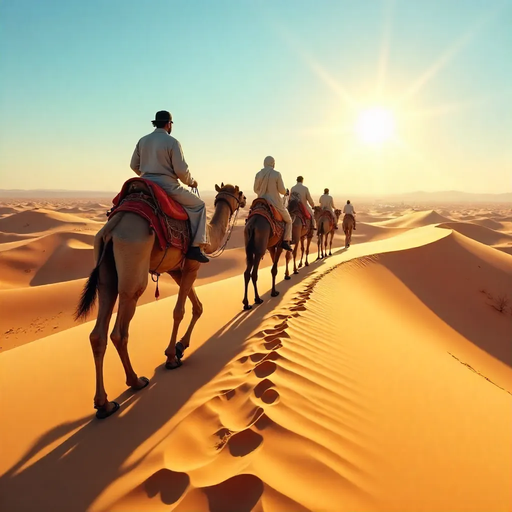 Camel Caravan Crossing Golden Sahara Dunes at Noon