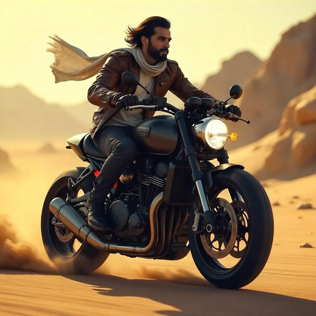 Handsome Middle Eastern Rider on a Neon Motorcycle