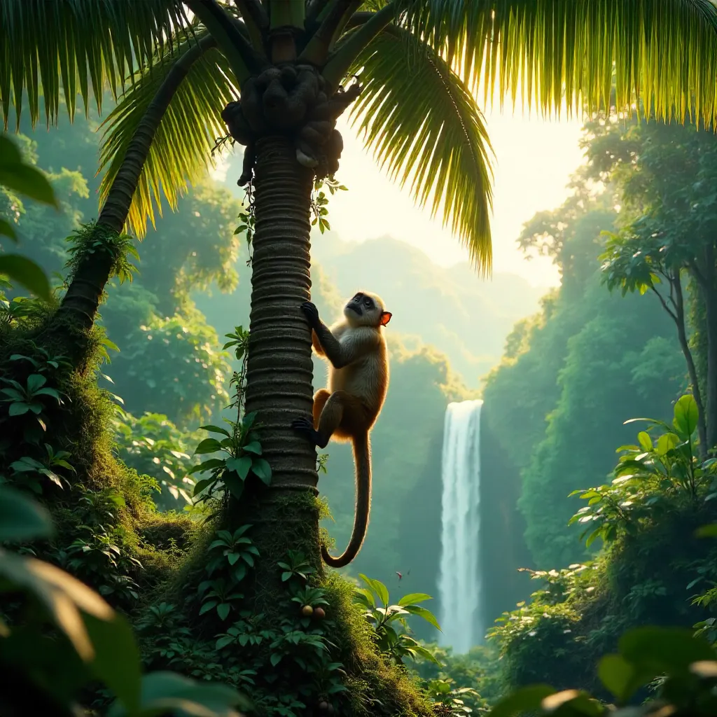 Capuchin Monkey Climbs a Palm in Lush Brazilian Jungle