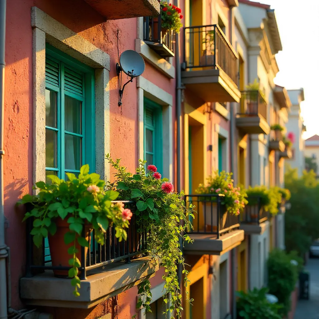 Vibrant Balcony Facade with Plants and Satellites