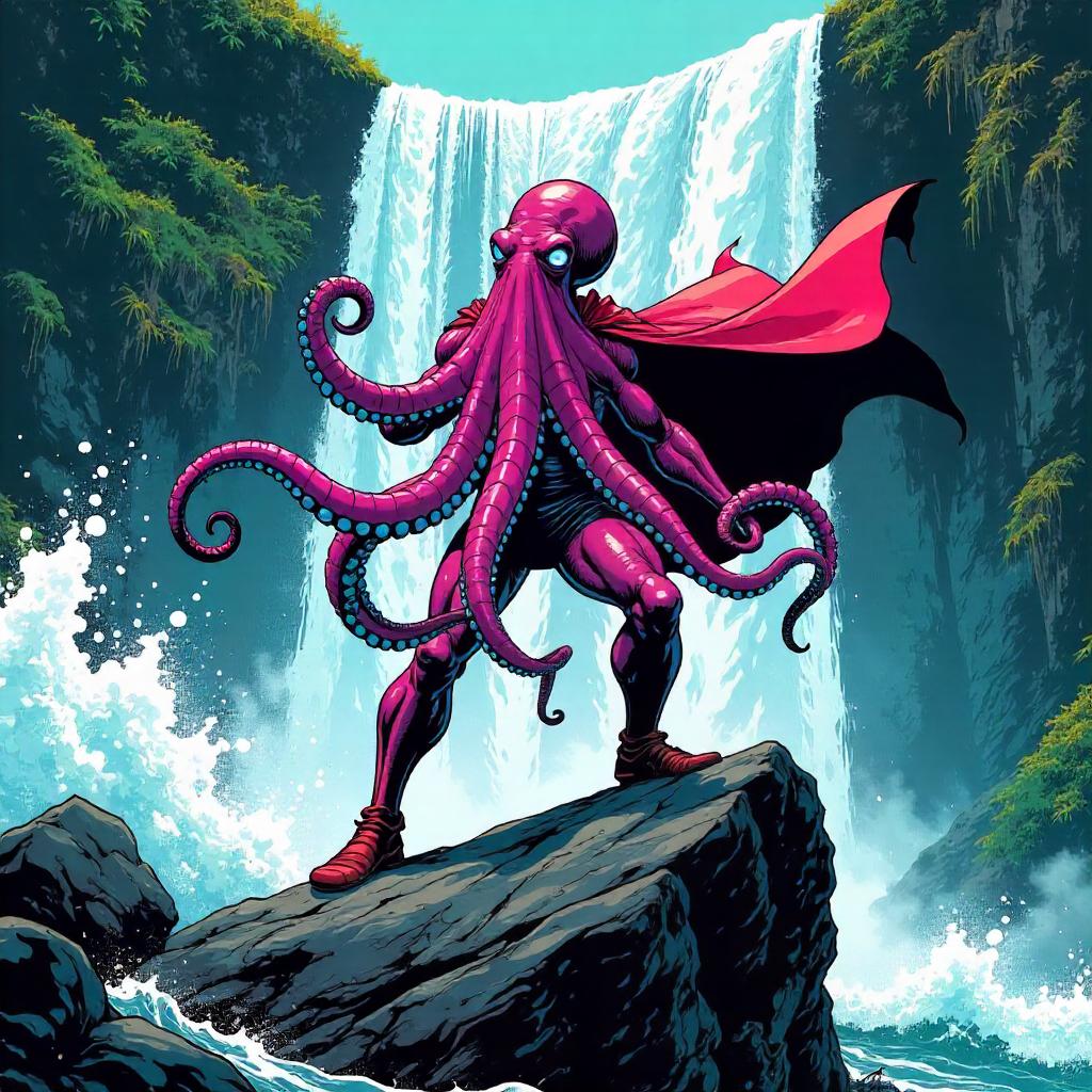 Octopus Hero at the Waterfall: Comic Splash