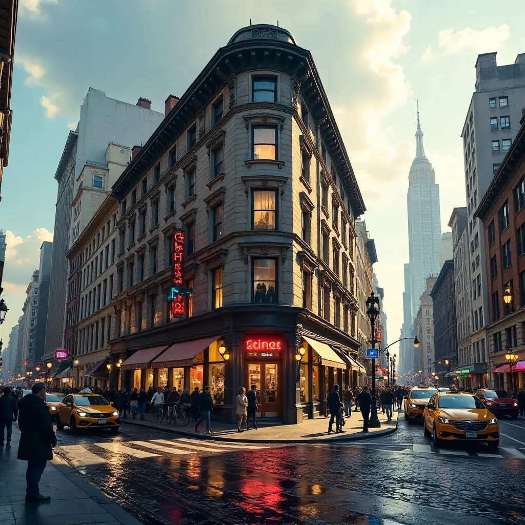 Historic Corner Building Amid Bustling Urban Traffic